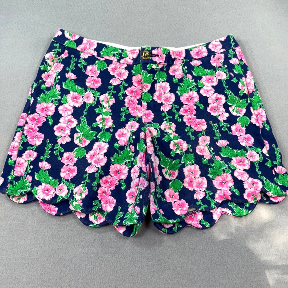 Lilly Pulitzer Darcy Knit Shorts Womens Floral Scalloped Navy Pink Size 8